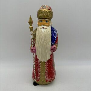 Russian SANTA in Red Golden Floral Coat Wood Hand Carved Hand Painted Signed